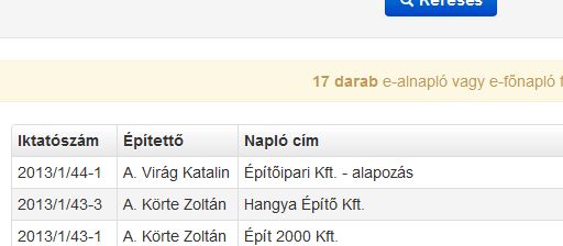 Keresési eredmények táblázata